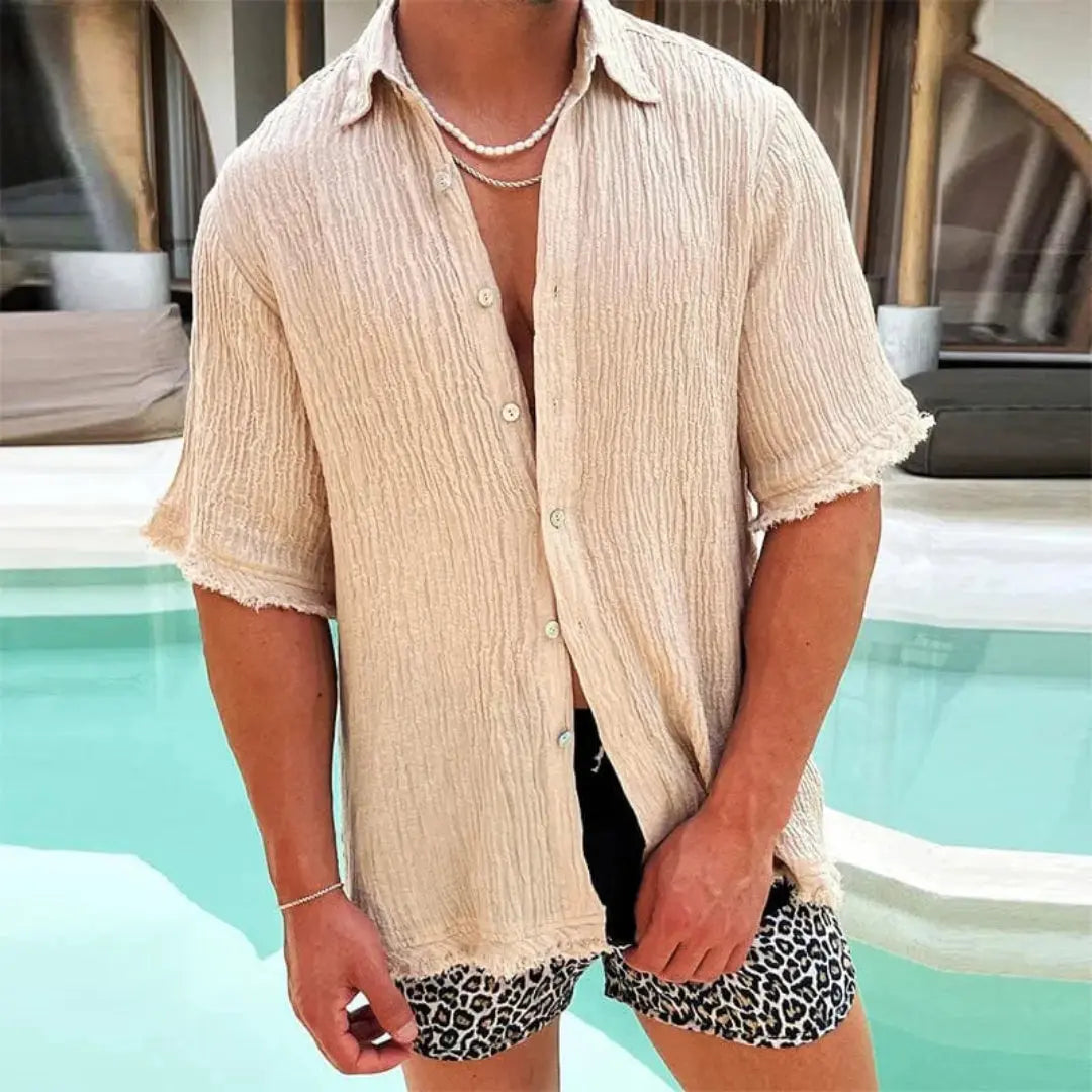 Canero Linen Shirt With Distinctive Ripped Design Open Front Casual Summer Essential