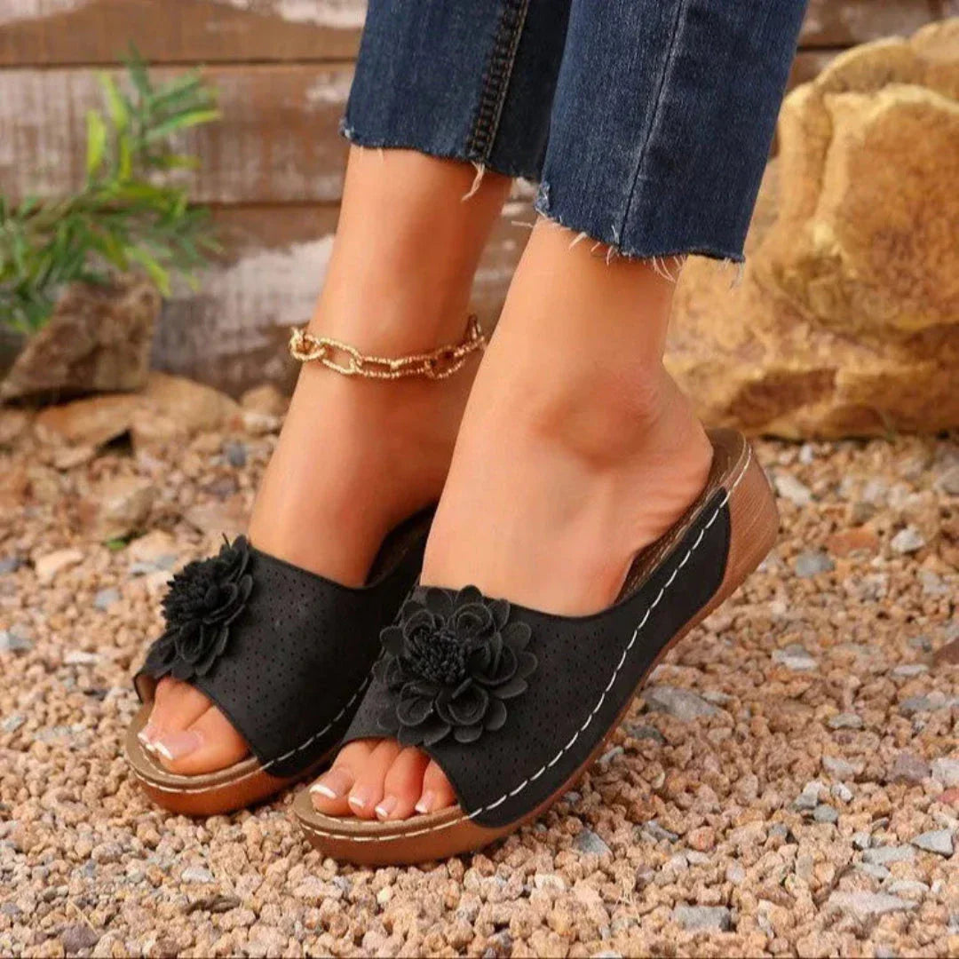 Carla Open-Toe Slip-On Floral Wedge Sandals