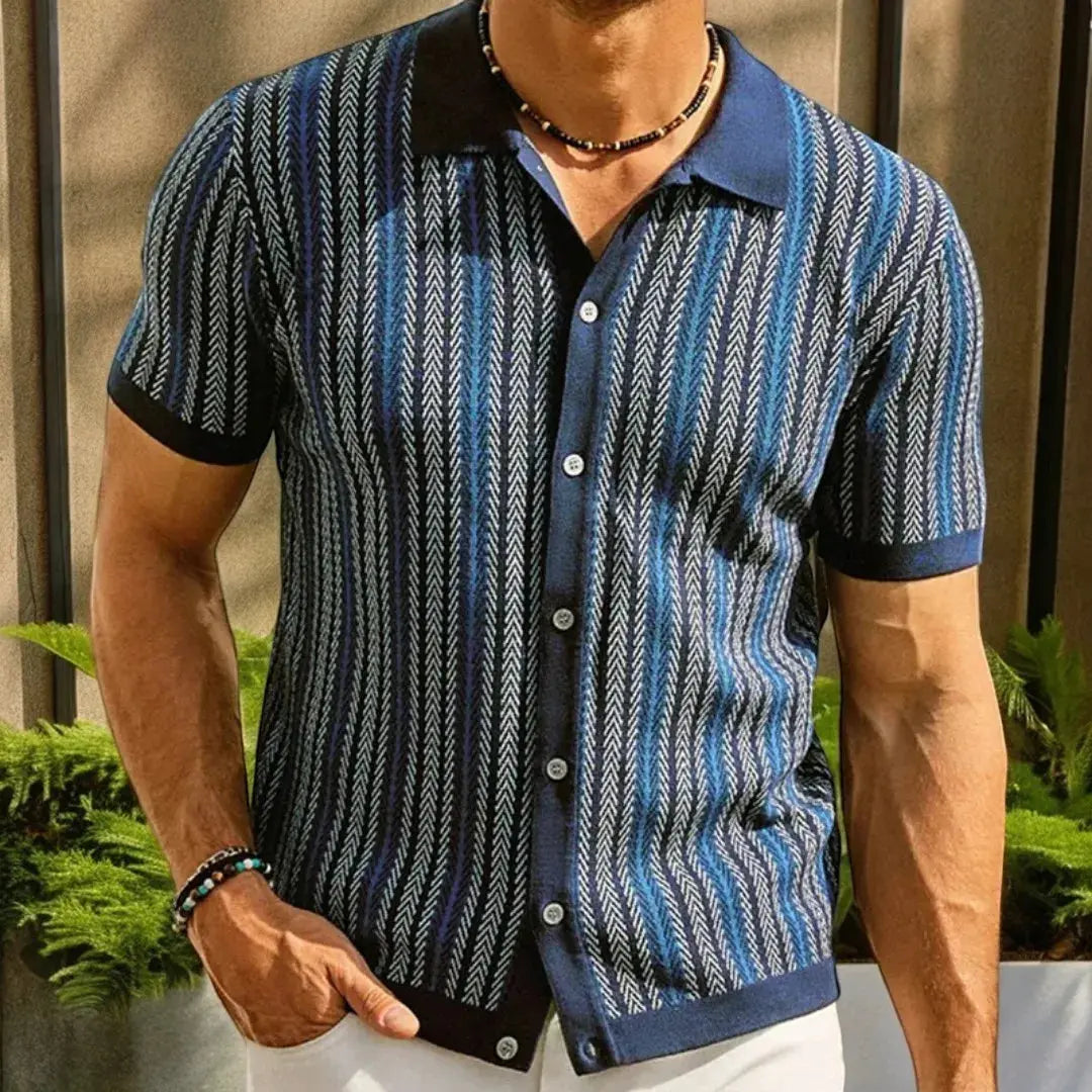 Carlo Mancini Button Down Polo Shirt Slim Fit Breathable Organic Cotton Herringbone Pattern For Office And Night Out