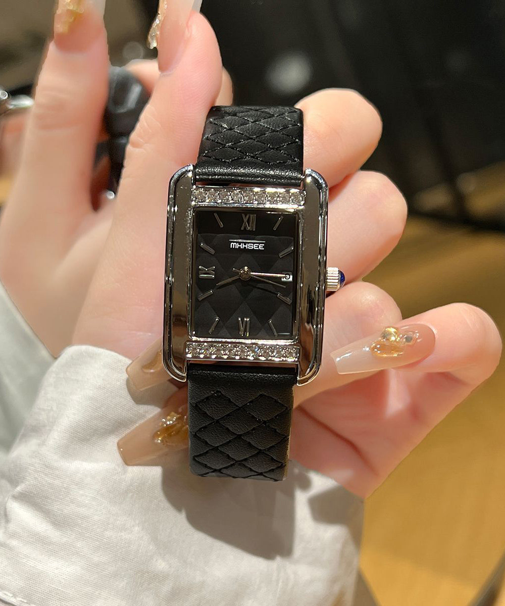 Montres décontractées en cuir noir et verre renforcé de zircon à mouvement à quartz - TrendAura