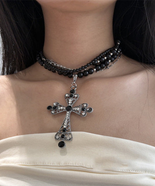 Collier décontracté en alliage de métal noir avec perles multicouches en zircon et croix graduée - TrendAura