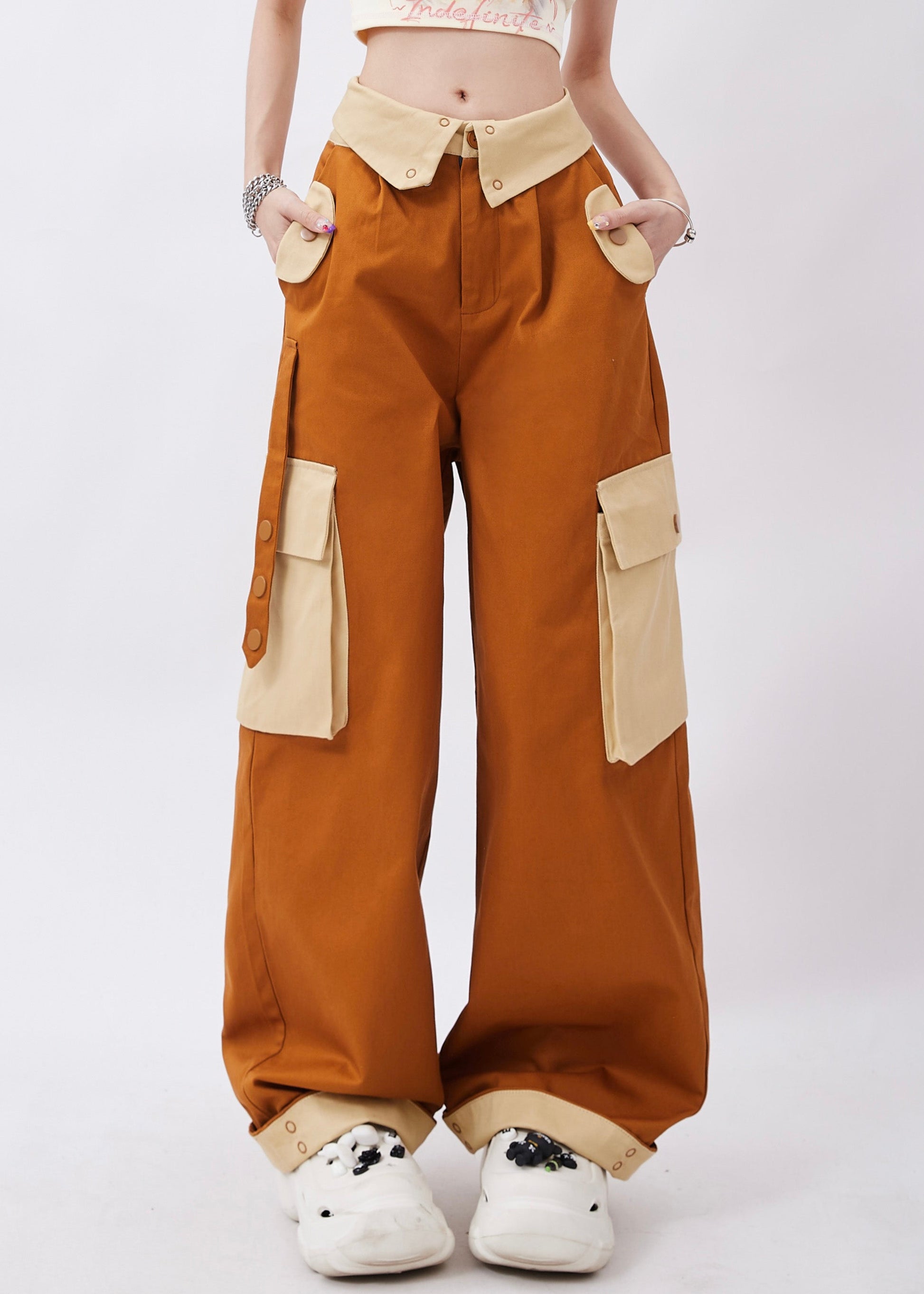 Pantalon décontracté en coton marron avec poches patchwork, printemps - TrendAura