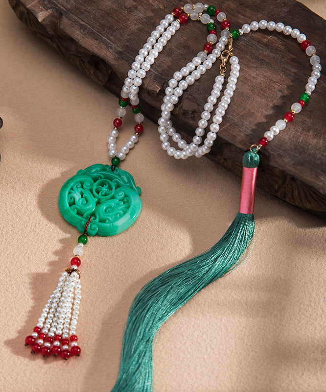 Collier décontracté avec pendentif pompon en perles de jade et alliage vert - TrendAura