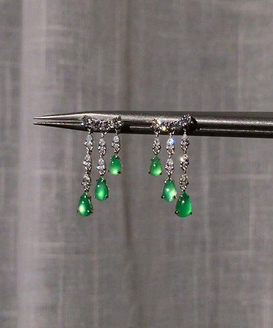 Boucles d'oreilles pendantes décontractées en argent sterling vert avec calcédoine et pampilles en forme de goutte d'eau - TrendAura