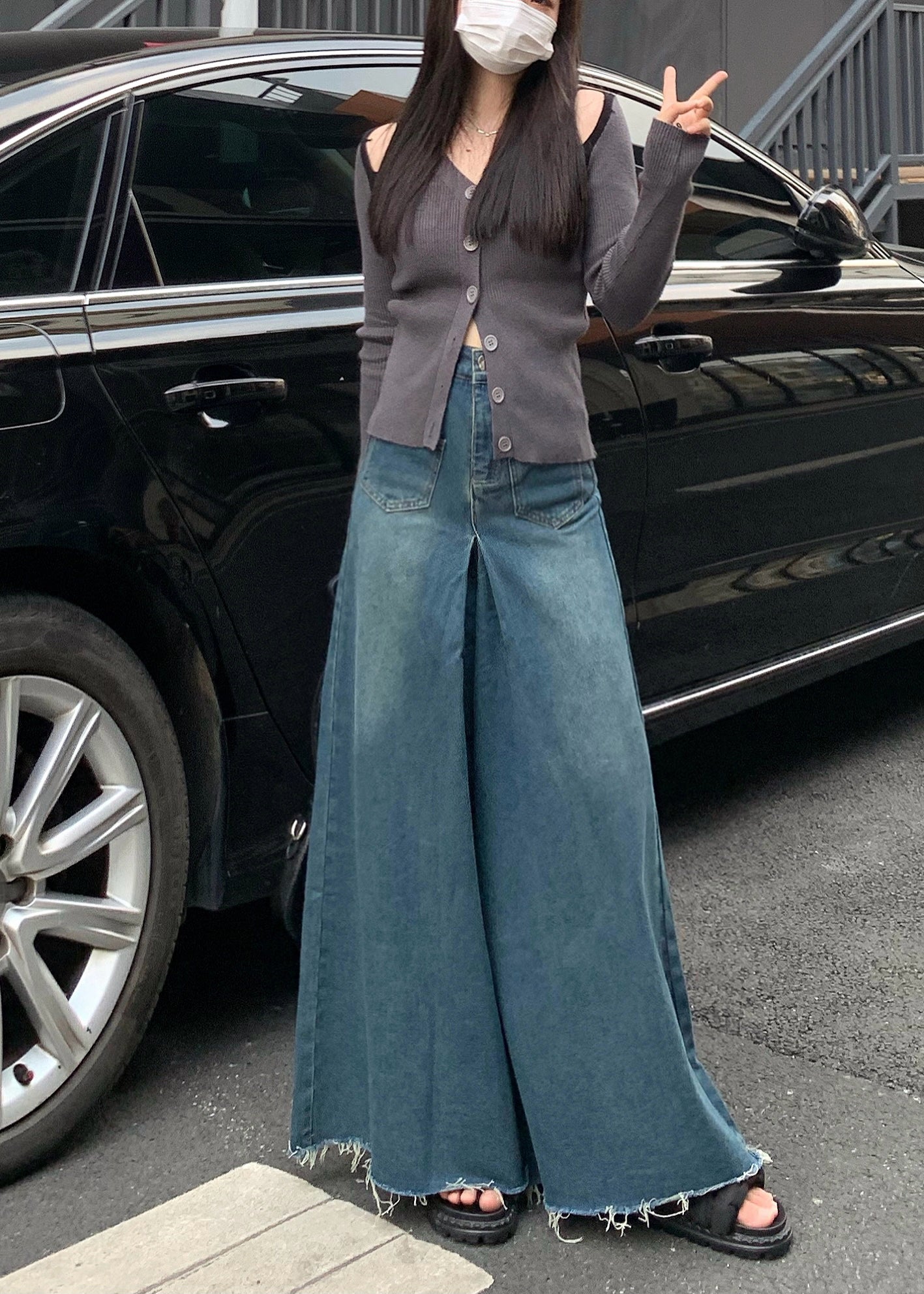 Jupes-pantalons larges décontractés en denim bleu marine à pompons pour l'automne - TrendAura