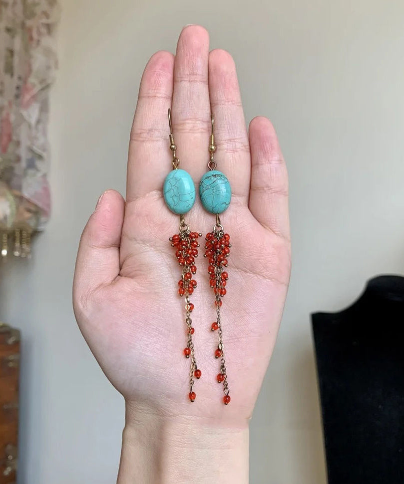 Boucles d'oreilles pendantes décontractées en argent sterling rouge surdoré, turquoise et grenade - TrendAura