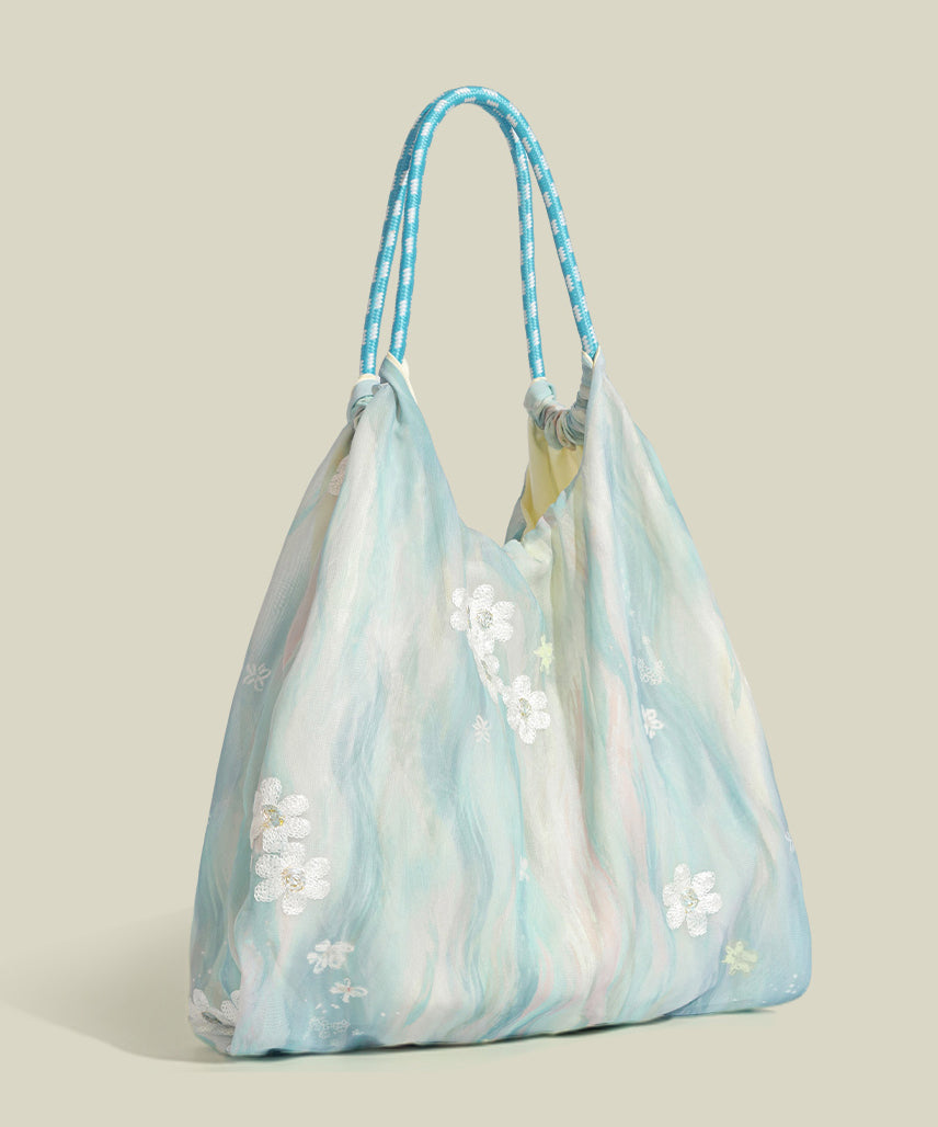 Sacs à bandoulière décontractés en nylon bleu ciel avec broderies marguerites - TrendAura