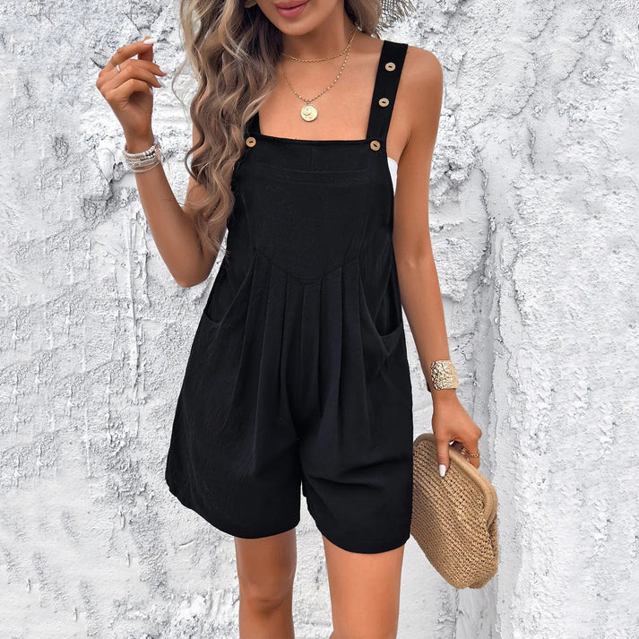 Women's Pinafore Dress - Loose Fit - Button Straps - Pockets - Casual Layered Look