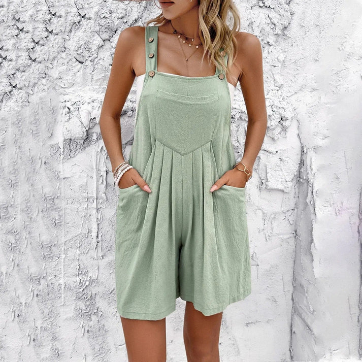 Women's Pinafore Dress - Loose Fit - Button Straps - Pockets - Casual Layered Look