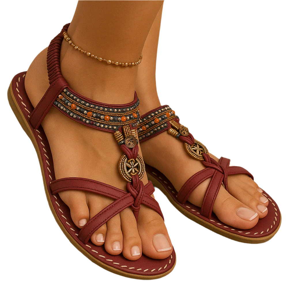 Boho summer sandals for women, with beaded straps and ankle strap heel