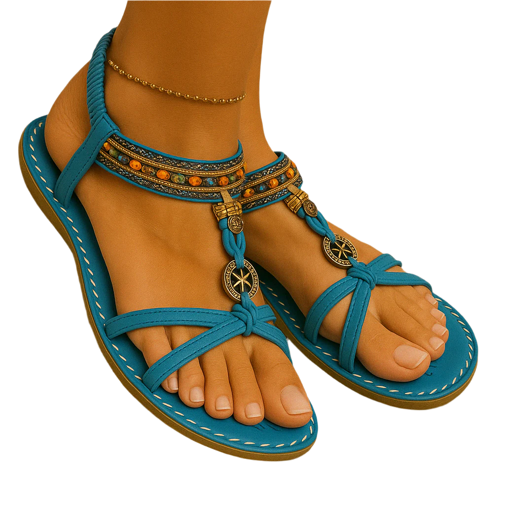Boho summer sandals for women, with beaded straps and ankle strap heel