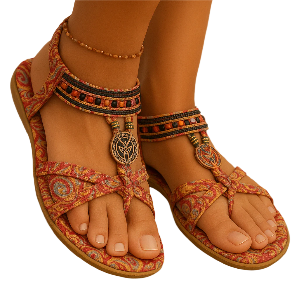 Boho summer sandals for women, with beaded straps and ankle strap heel