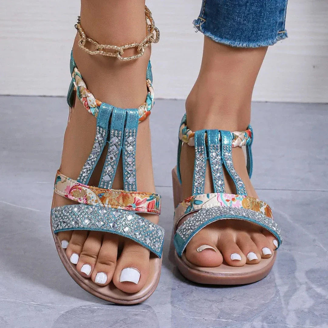 Charise T-Strap Rhinestone Braided Wedge
