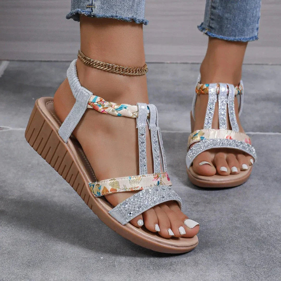 Charise T-Strap Rhinestone Braided Wedge