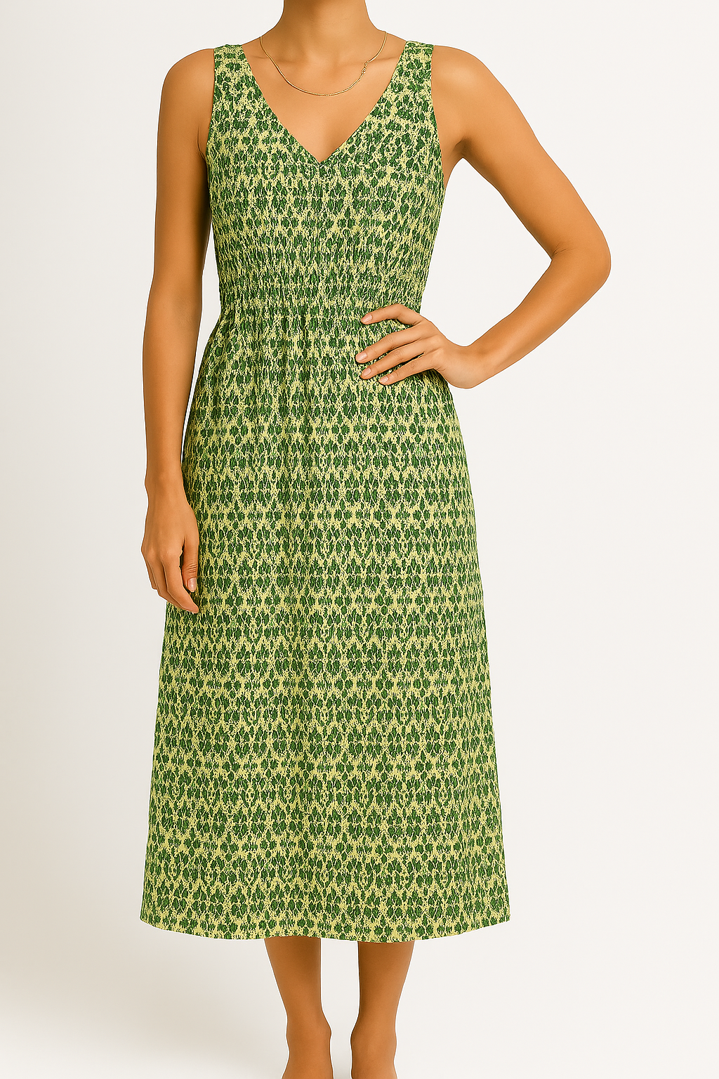 Women's Midi Dress – Sleeveless – Bohemian Print – V-neck – Waistband – Light and Airy