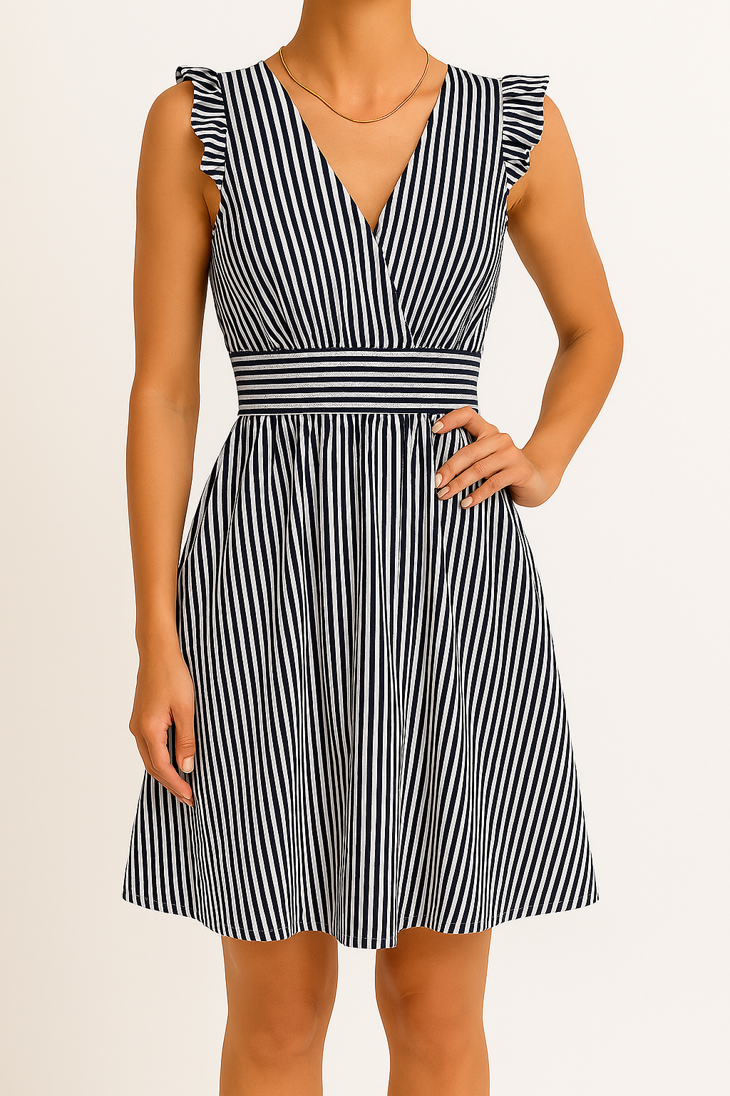 Women's Midi Dress – A-line Fit – V-neck – Striped – Short Ruffle Sleeves – Lightweight