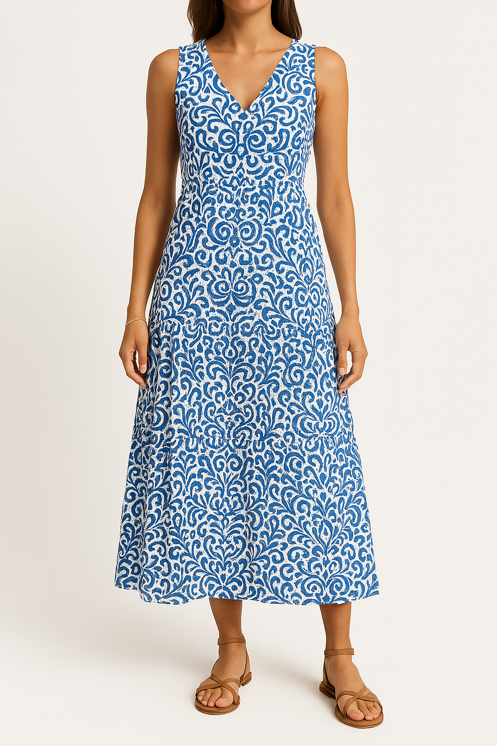 Women's Midi Dress – Sleeveless V-neck – Relaxed Fit – A-line with Abstract Print