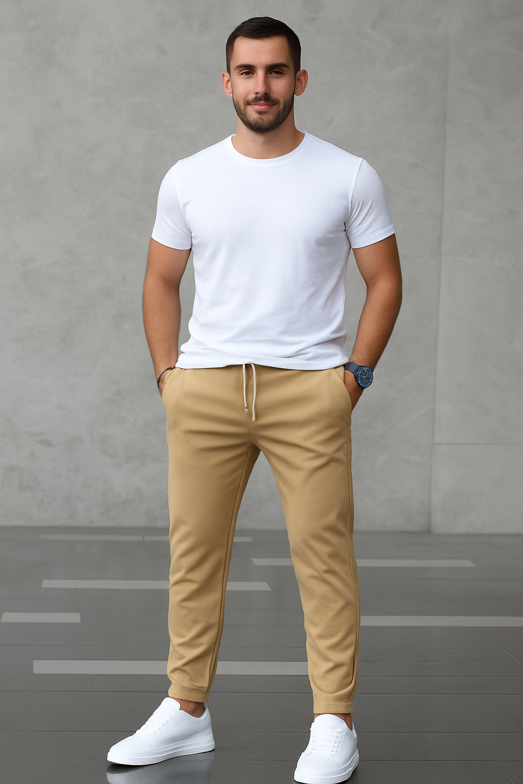 Slim Fit Refined Trousers with Drawstring for Men – Casual Stretch Trousers