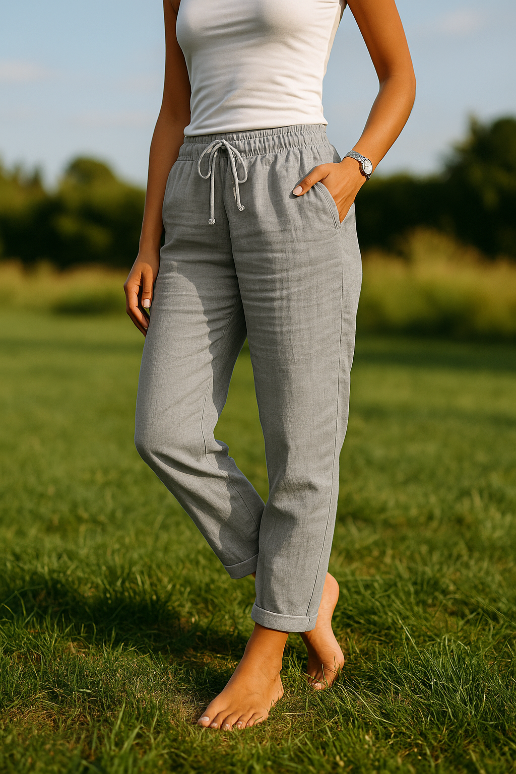 Elastic waist cotton and linen pants - Monica