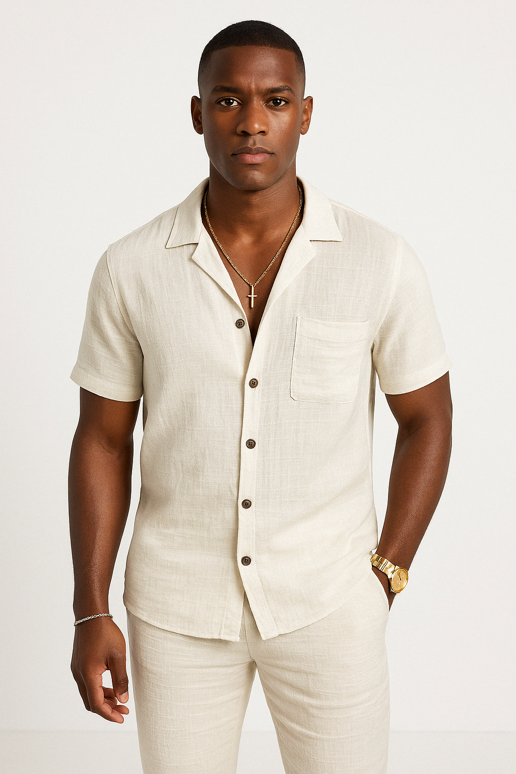 Men's Cotton Linen Blend Short Sleeve Shirt Relaxed Fit Button Front Casual Style For Summer