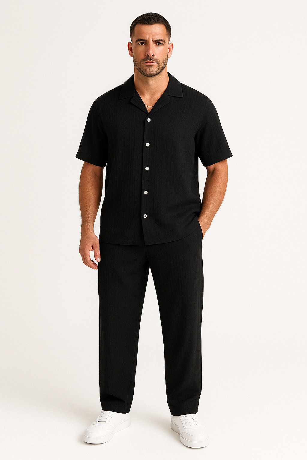 TrendAura Men's Short Sleeve Shirt And Cotton Linen Blend Trousers Set Relaxed Fit For Summer Casualwear