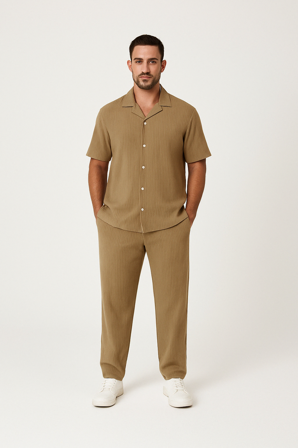 TrendAura Men's Short Sleeve Shirt And Cotton Linen Blend Trousers Set Relaxed Fit For Summer Casualwear