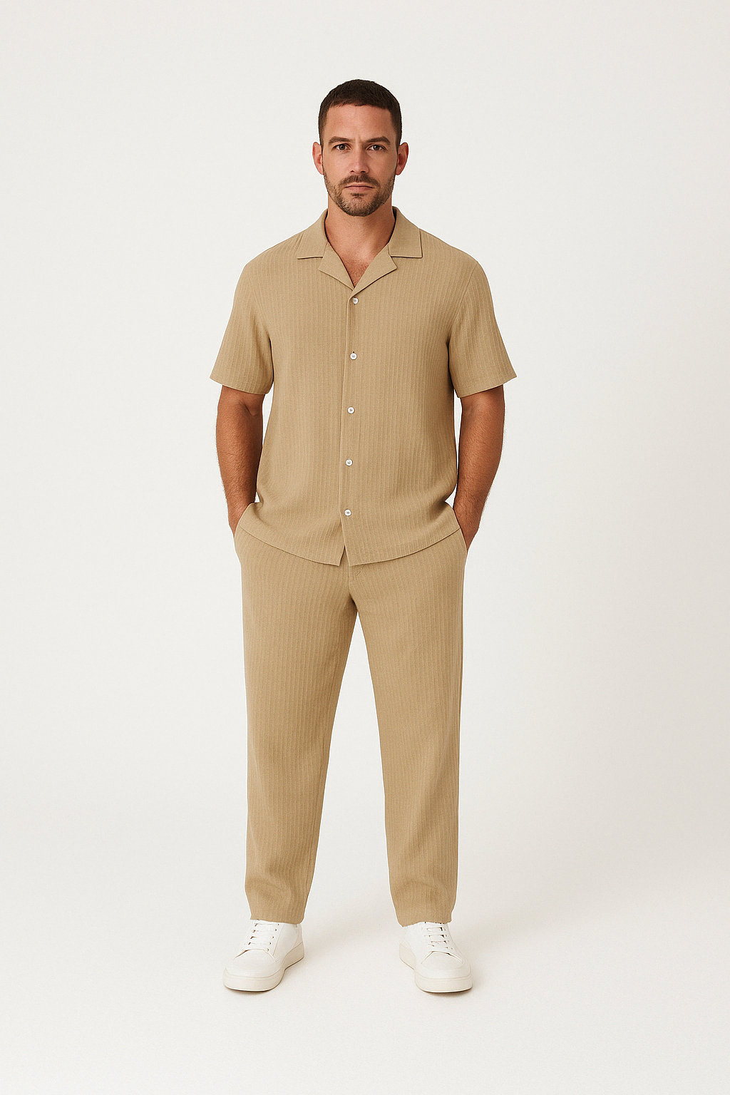 TrendAura Men's Short Sleeve Shirt And Cotton Linen Blend Trousers Set Relaxed Fit For Summer Casualwear