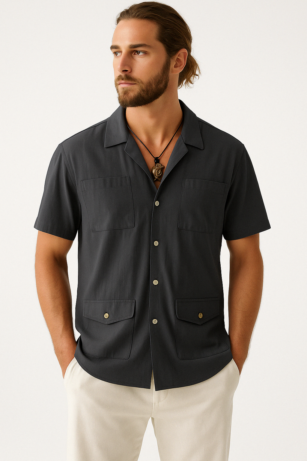 TrendAura Men's Short Sleeve Shirt Cotton Linen Blend With Revere Collar Nordic Flair Four Pockets Relaxed Fit