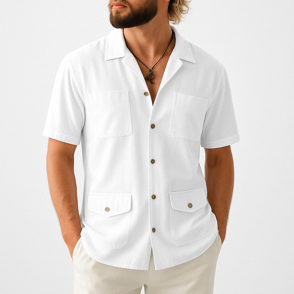 TrendAura Men's Short Sleeve Shirt Cotton Linen Blend With Revere Collar Nordic Flair Four Pockets Relaxed Fit