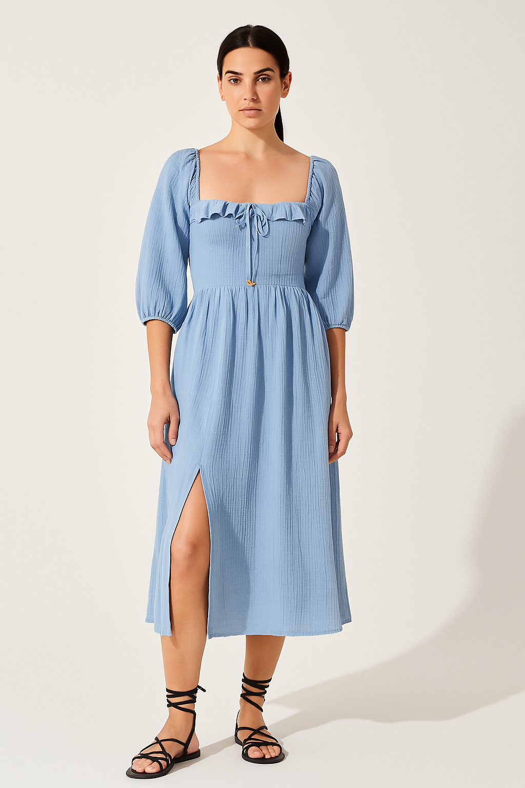 Women's Midi Dress – A-line Fit – Cotton Blend – V-neck with Ruffles – Long Sleeves