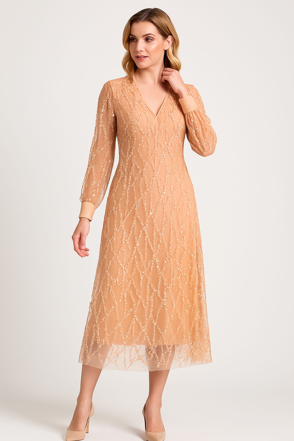 Women's Maxi Dress – V-neck – Long Sleeves – Sequins – Elegant A-line Fit