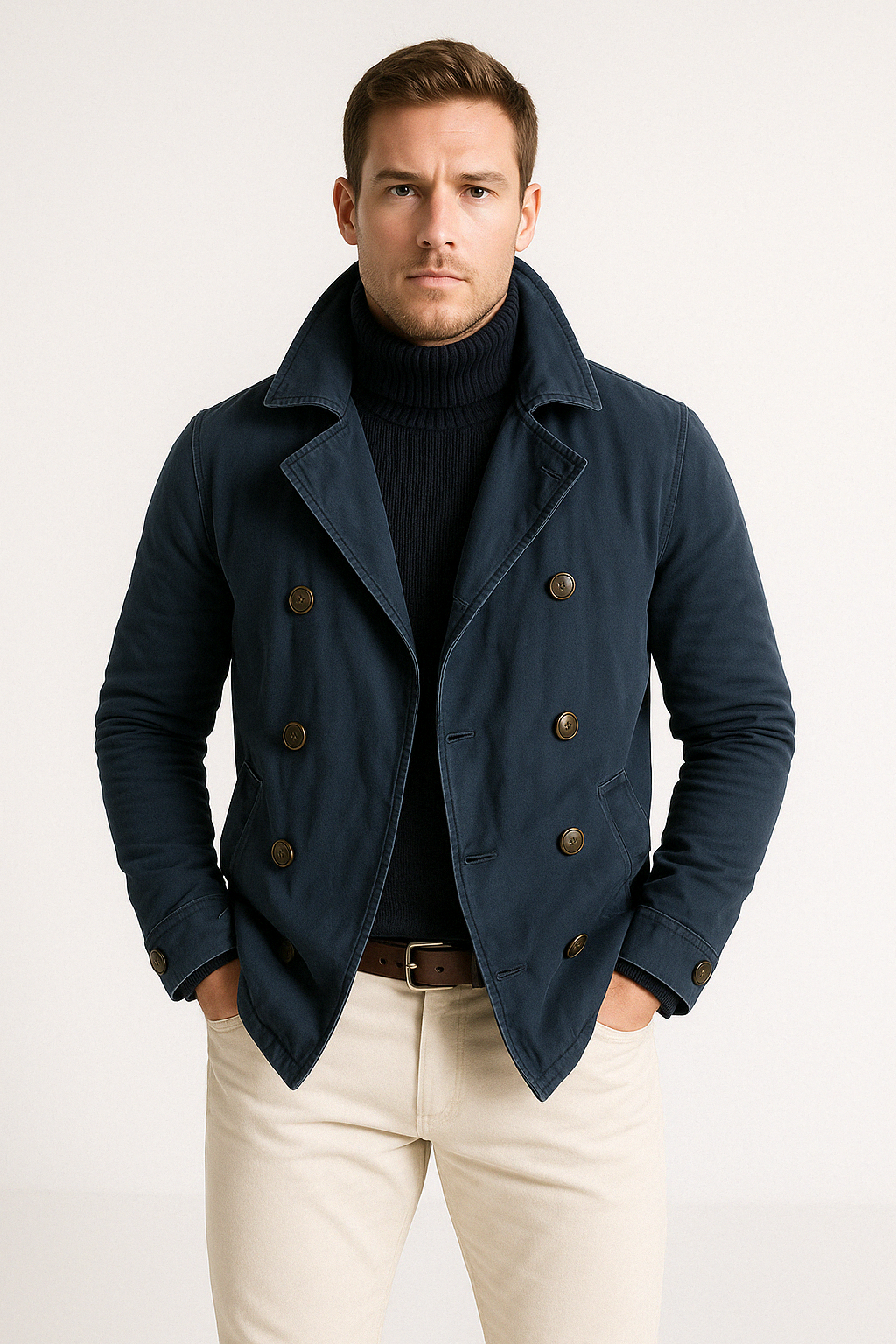 Men's Heavy Cotton Jacket Slim Fit Double Breasted High Collar Mid Length By TrendAura Nordic Style