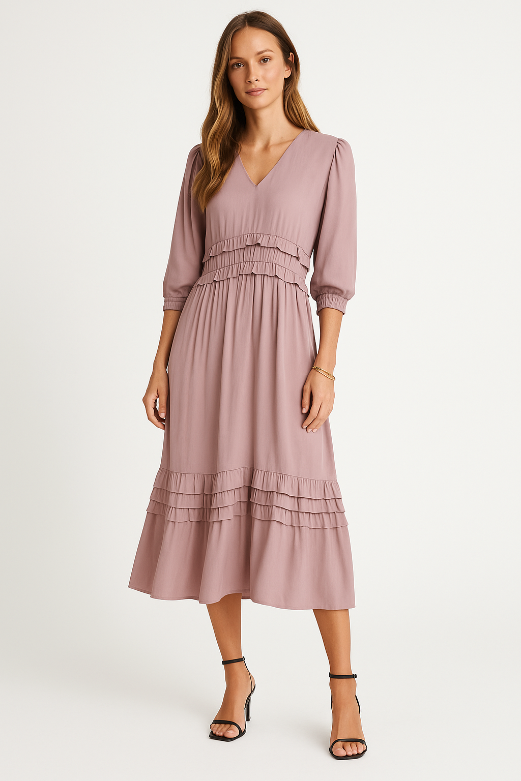 Women's midi dress – V-neck – Layered ruffles – Long sleeves – Relaxed fit – Cotton blend
