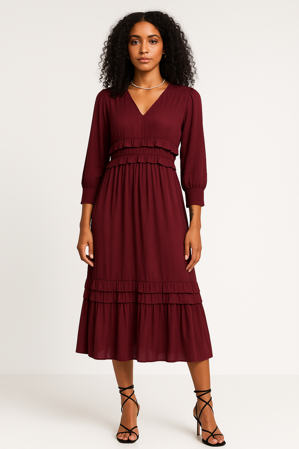 Women's midi dress – V-neck – Layered ruffles – Long sleeves – Relaxed fit – Cotton blend