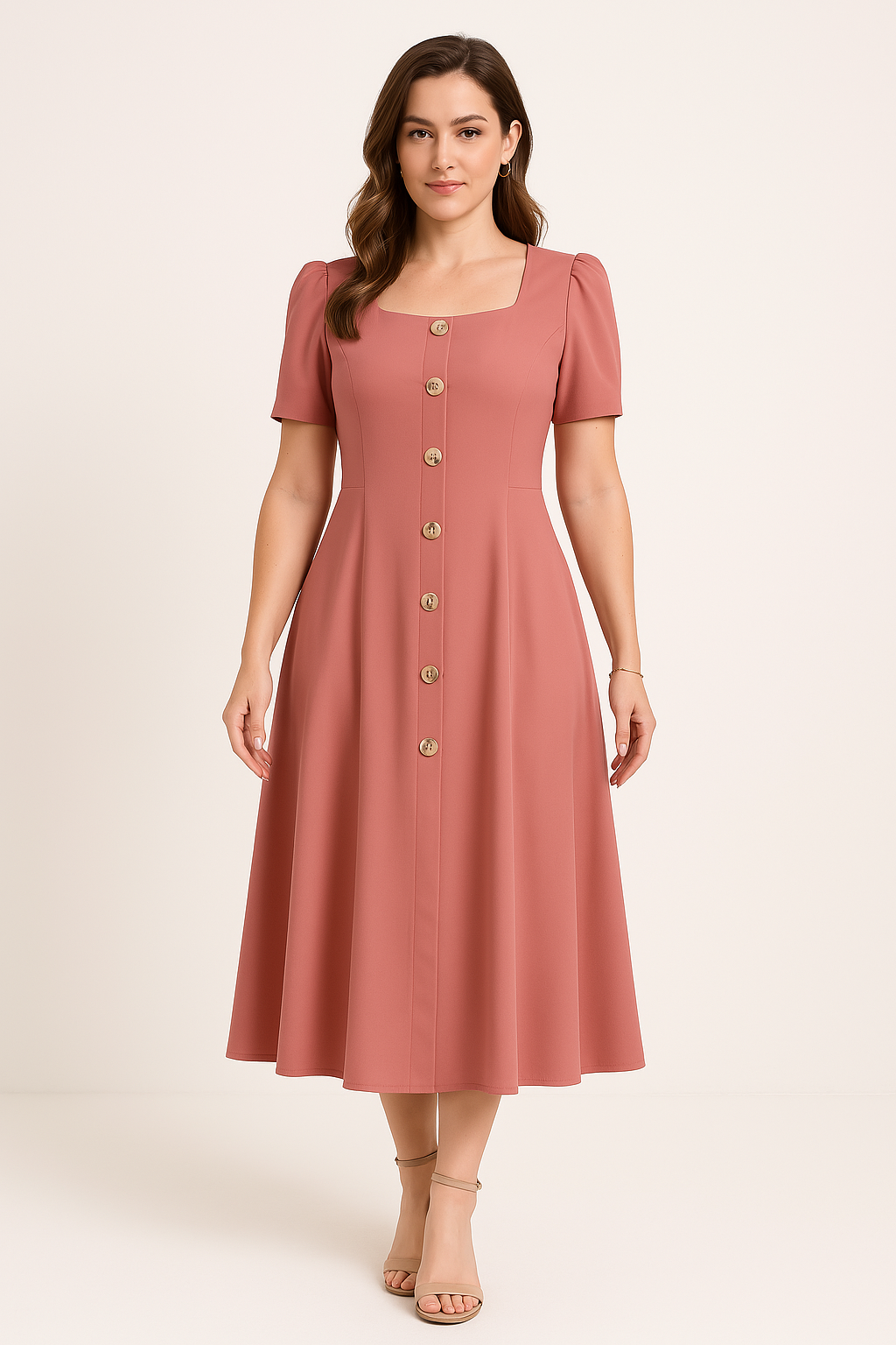 Women's Dress – Knit – Slim Fit – A-Line – Puff Sleeves – Button Closure – Midi