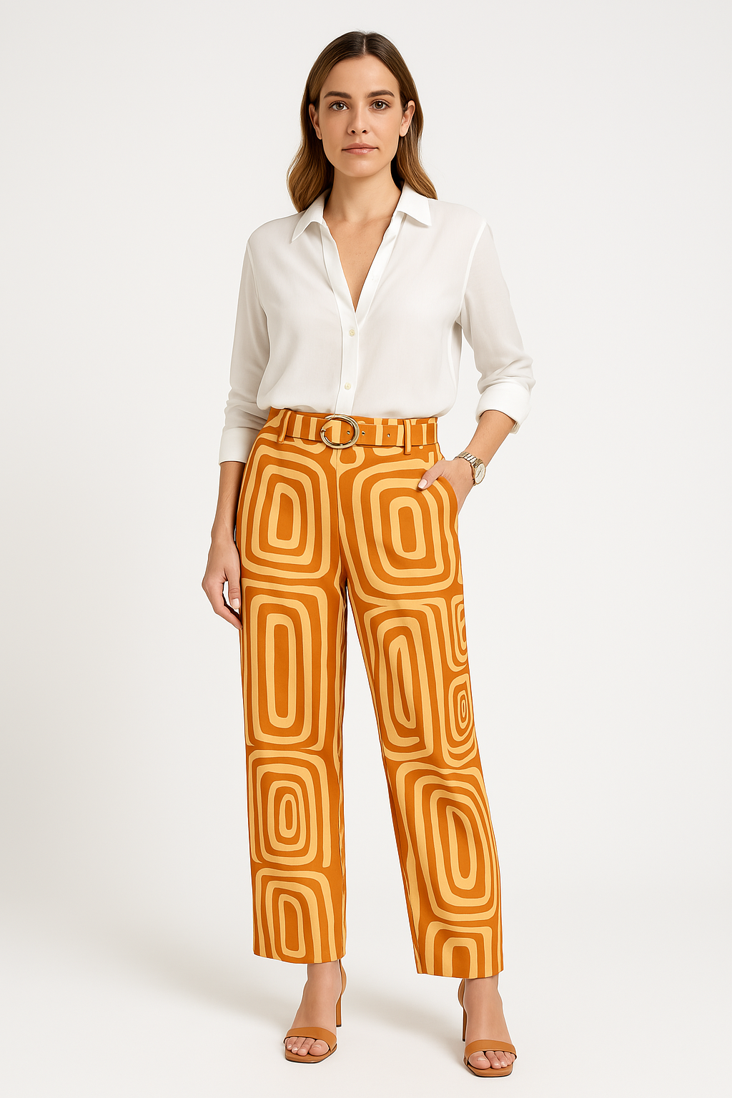 Womens Cotton Blend Blouse And Trousers Set With Belt Loose Fit Geometric Print Design