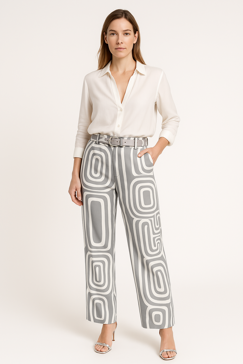 Womens Cotton Blend Blouse And Trousers Set With Belt Loose Fit Geometric Print Design