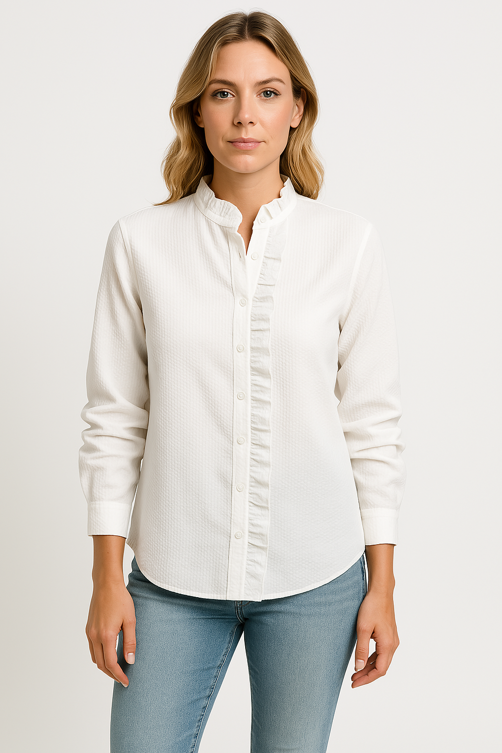 Women's Blouse – Relaxed Fit – Textured Fabric – Long Sleeves – Button Closure with Ruffle Edge
