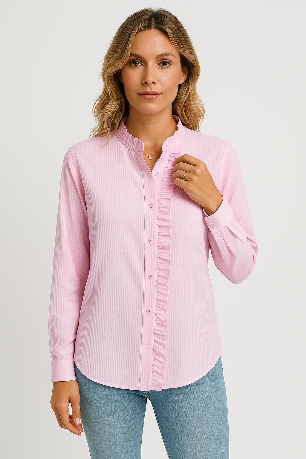 Women's Blouse – Relaxed Fit – Textured Fabric – Long Sleeves – Button Closure with Ruffle Edge