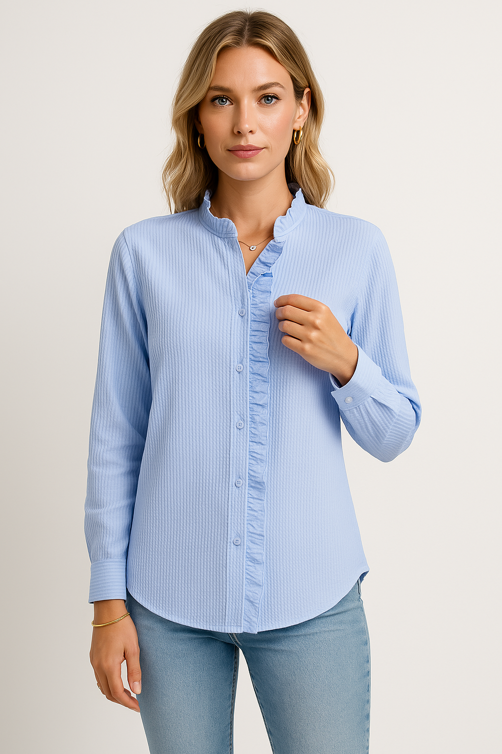 Women's Blouse – Relaxed Fit – Textured Fabric – Long Sleeves – Button Closure with Ruffle Edge