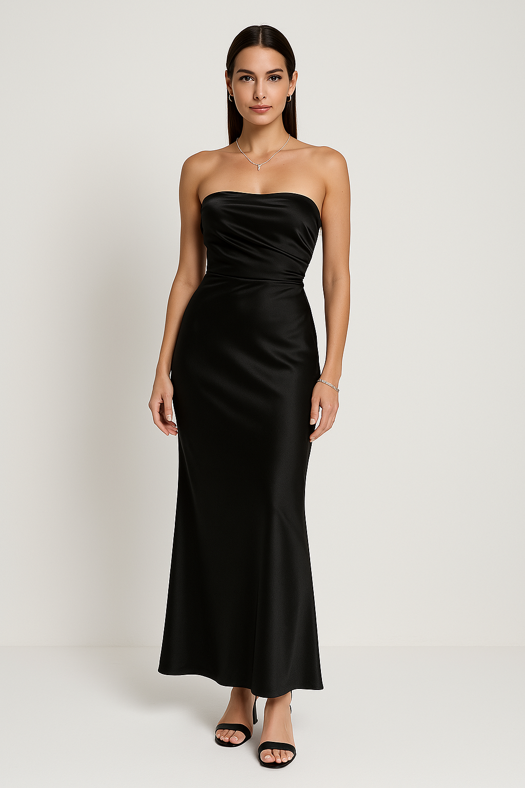 Women's Evening Dress – Strapless Slim Fit – Long Dress in Satin Look with Ruched Details