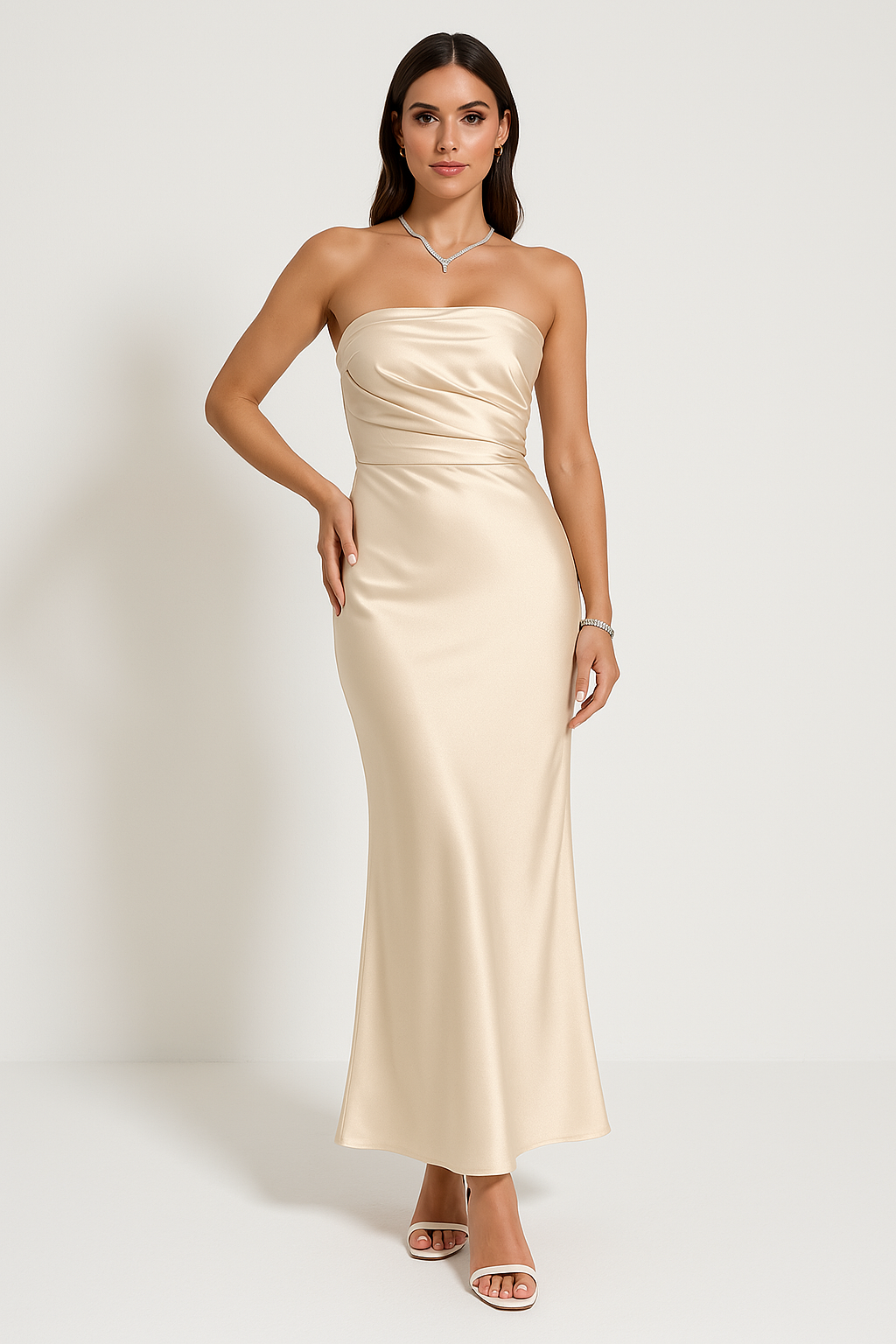 Women's Evening Dress – Strapless Slim Fit – Long Dress in Satin Look with Ruched Details