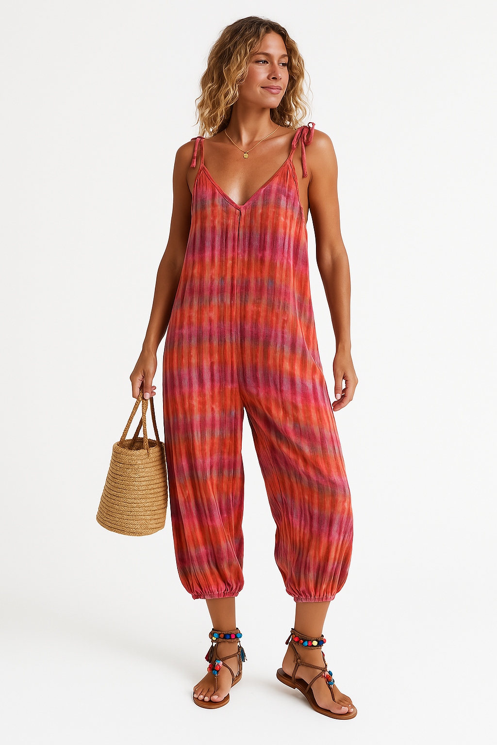 Women's Jumpsuit – Loose Fit – Adjustable Straps – V-Neck – Tie Belt – Print