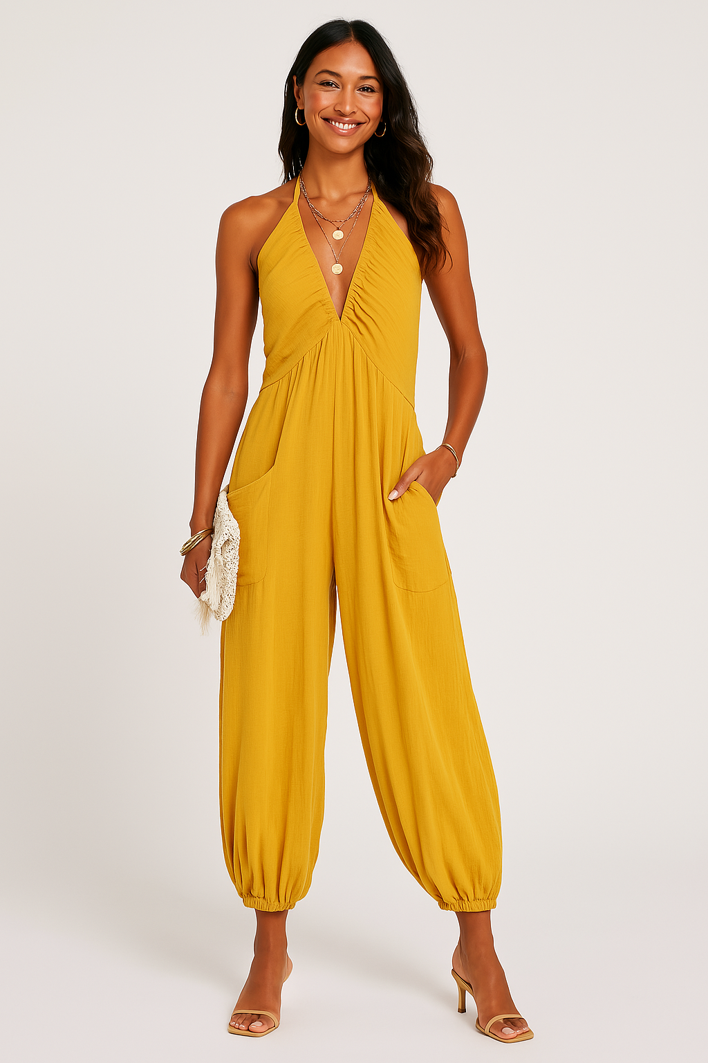 Women's Jumpsuit – Halterneck – Deep V-neckline – Relaxed Fit – Tapered Legs – Pockets