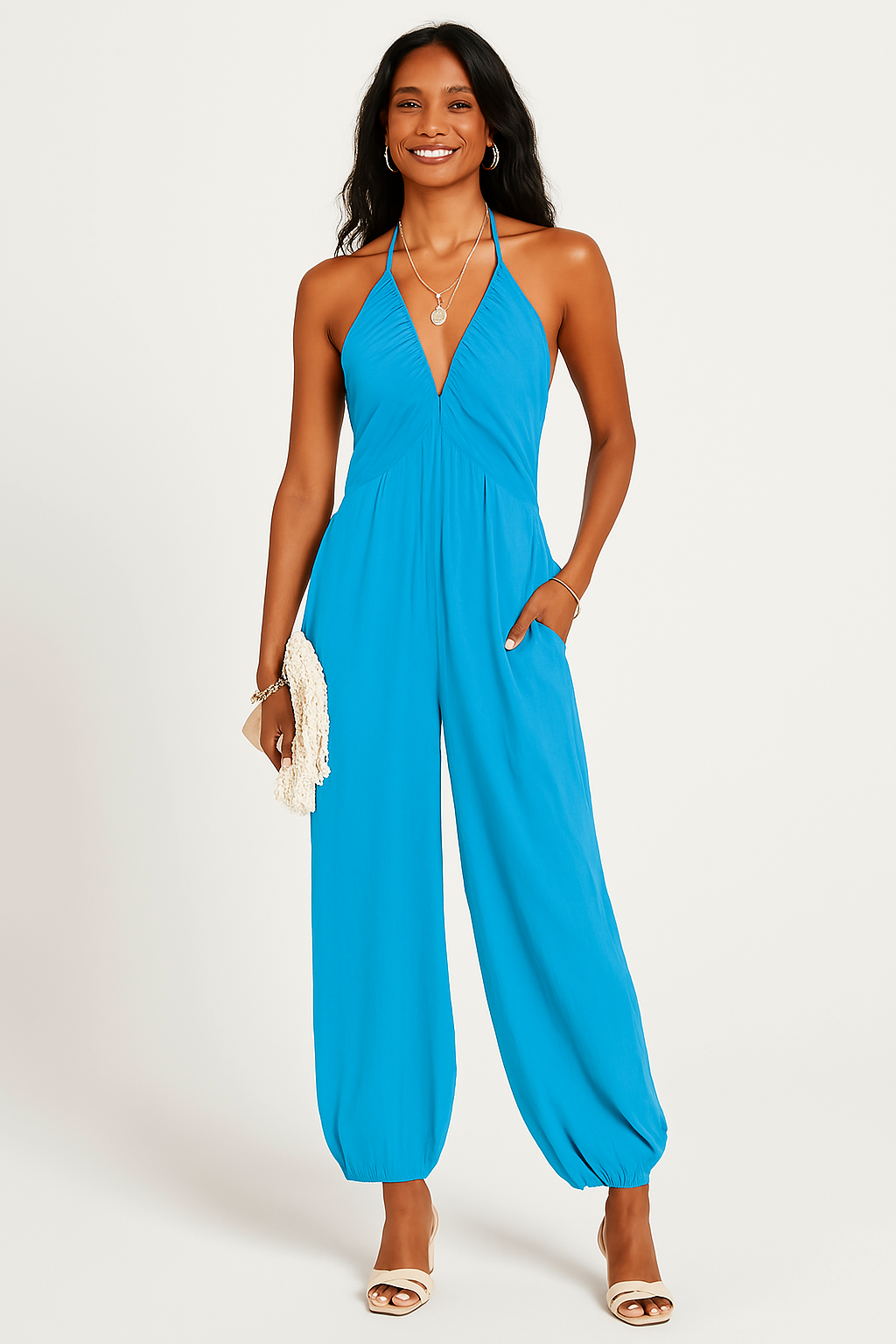 Women's Jumpsuit – Halterneck – Deep V-neckline – Relaxed Fit – Tapered Legs – Pockets