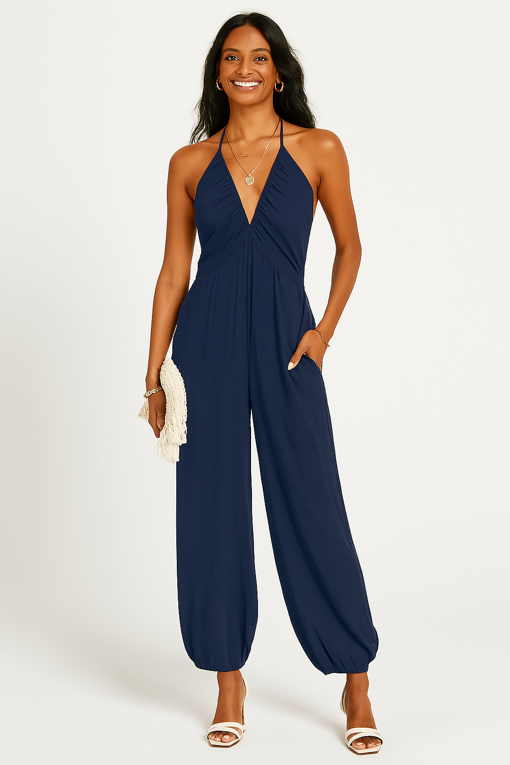Women's Jumpsuit – Halterneck – Deep V-neckline – Relaxed Fit – Tapered Legs – Pockets