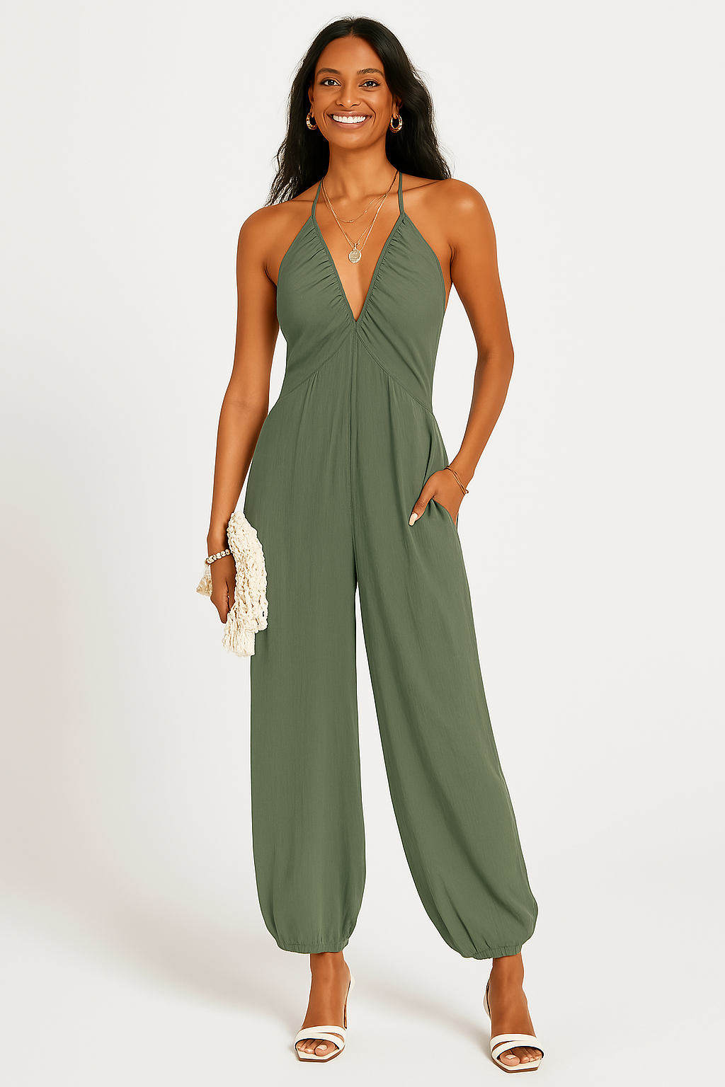 Women's Jumpsuit – Halterneck – Deep V-neckline – Relaxed Fit – Tapered Legs – Pockets