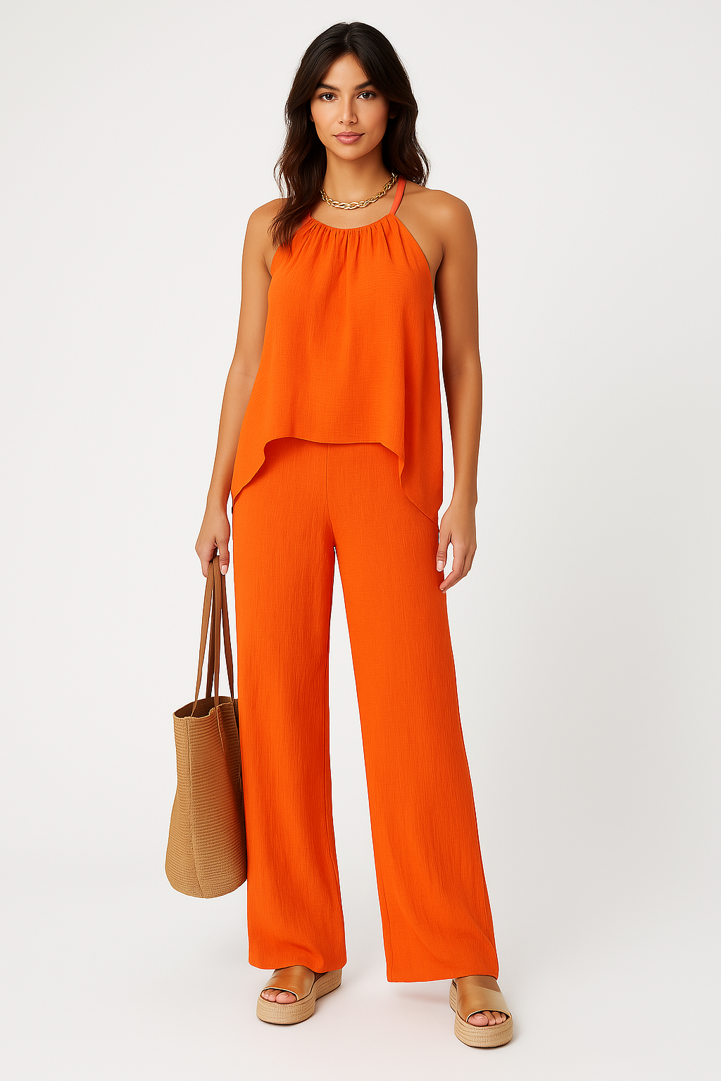 Women's Set – Sleeveless Halterneck Top with Asymmetric Drape – Wide-Legged Pants