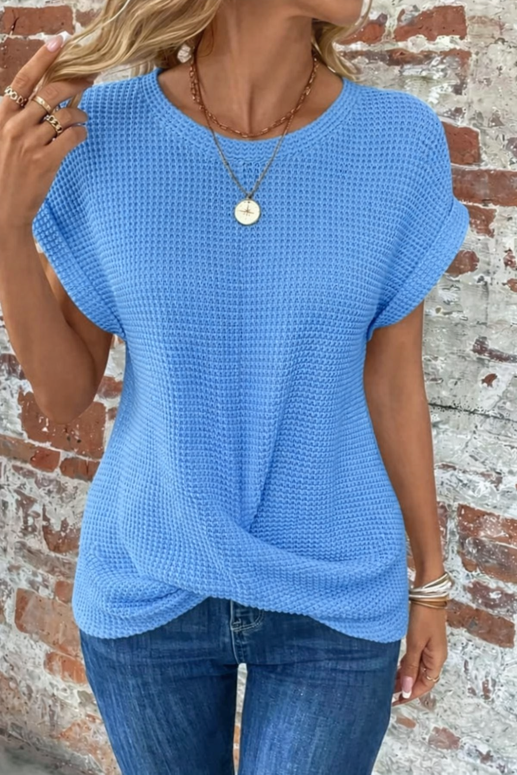 Women's Casual T-Shirt with Waffle Knit and Short Sleeves