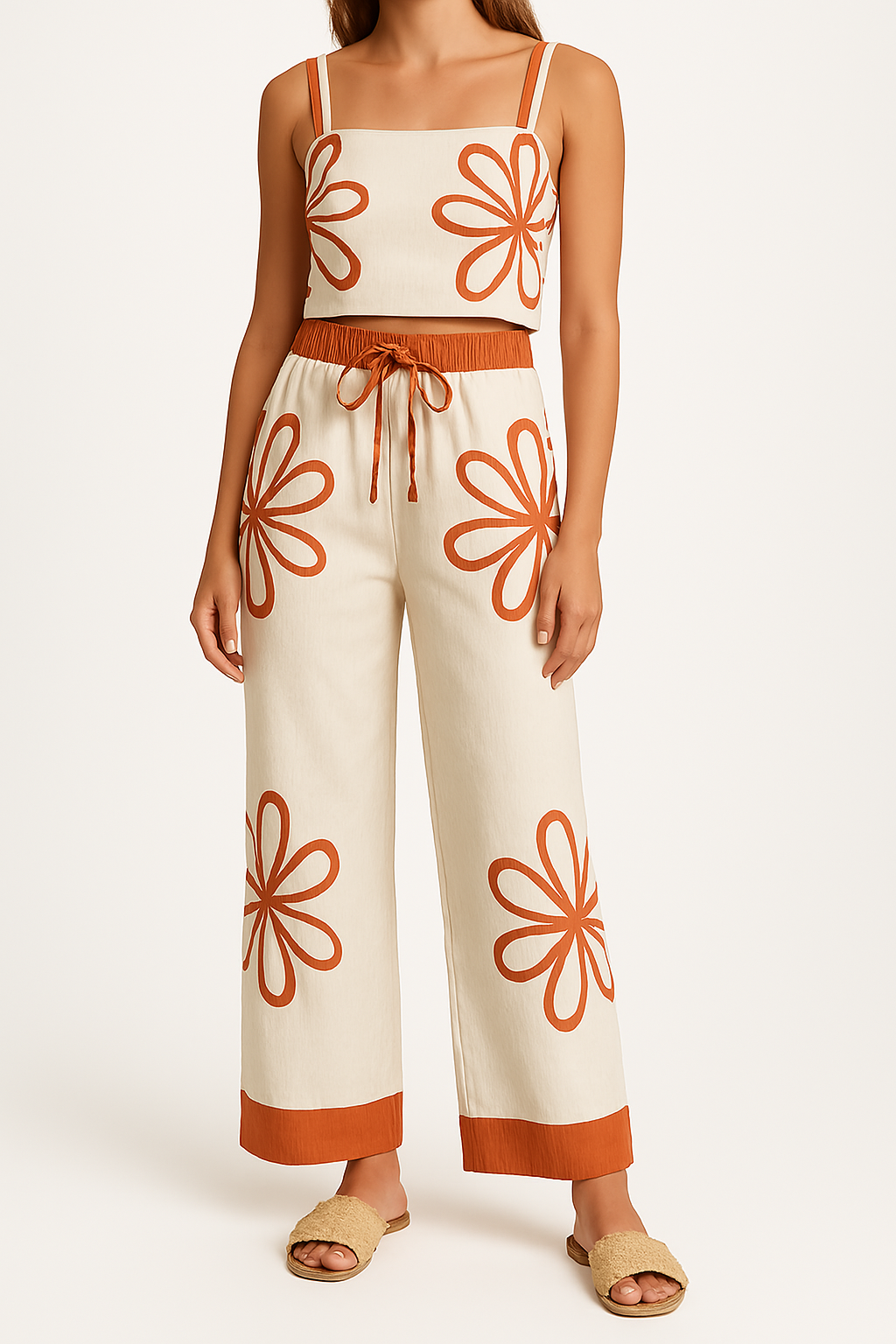 Women's Set with Top and Wide Pants – Cotton – Relaxed Fit – Floral Pattern